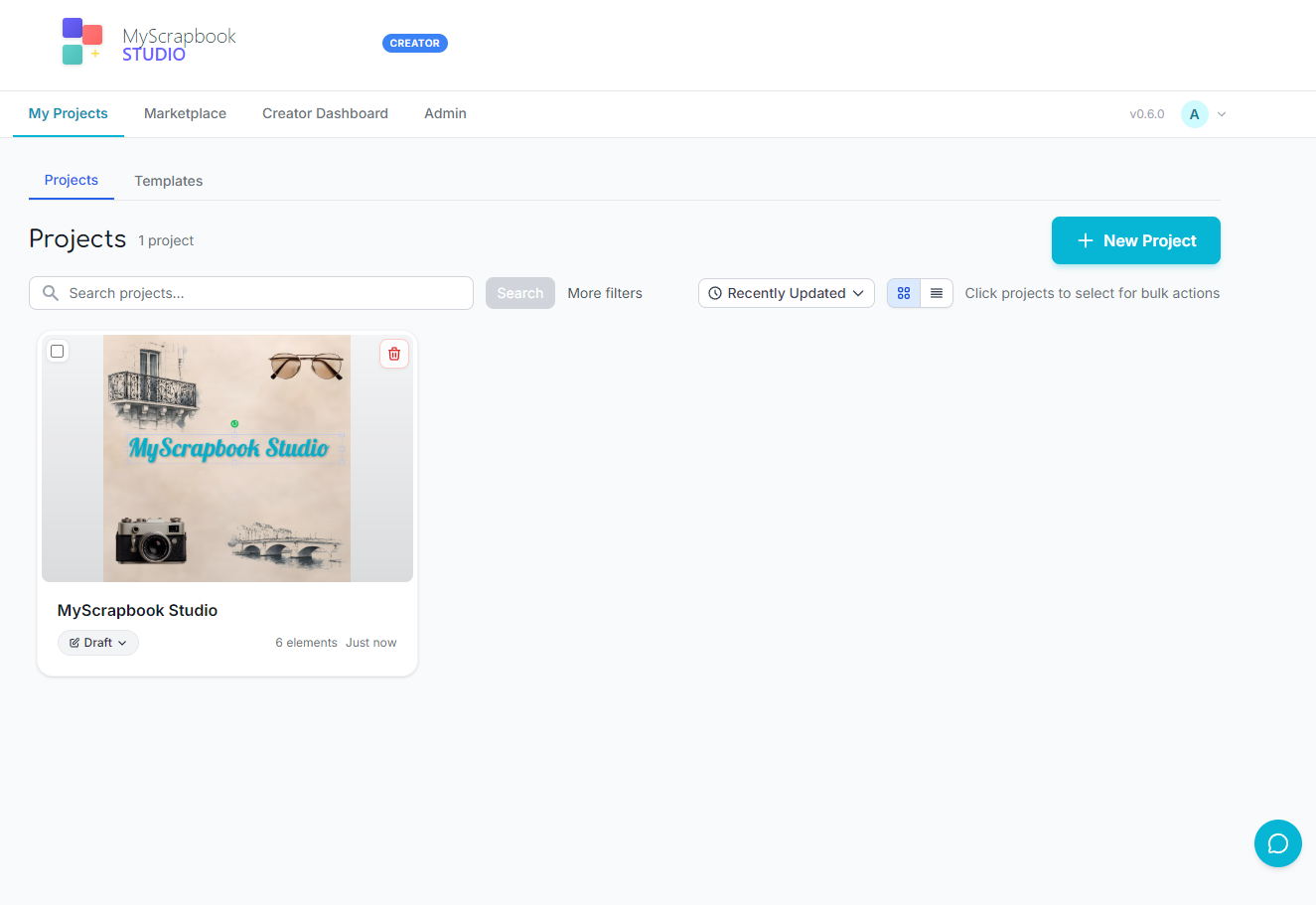MyScrapBook Studio projects dashboard showing a scrapbook project and the New Project button