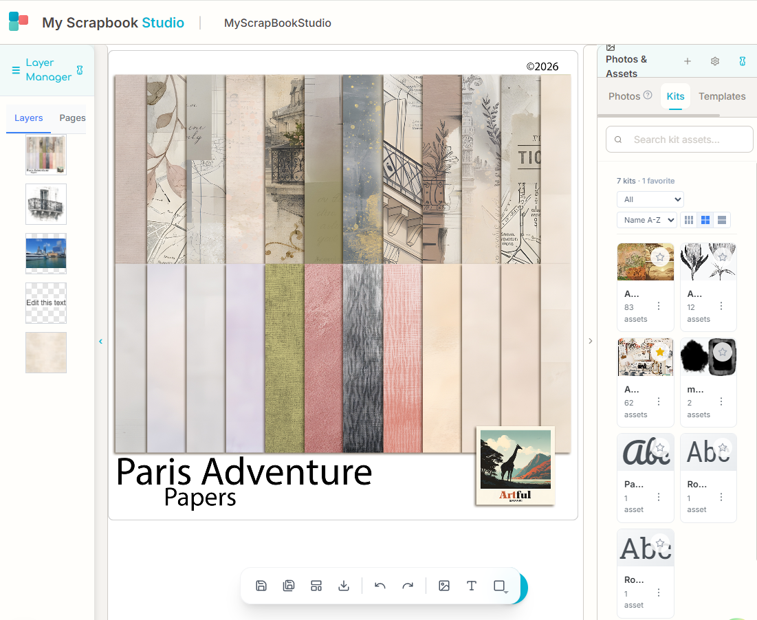 MyScrapBook Studio editor open with the ScrapbookPaper panel showing paper texture options