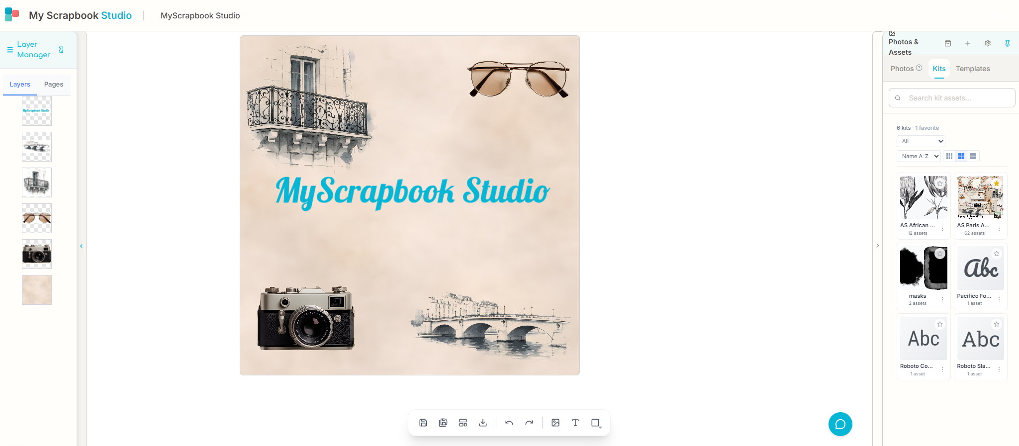 MyScrapBook Studio editor showing the layers panel, canvas with elements, and the embellishments library