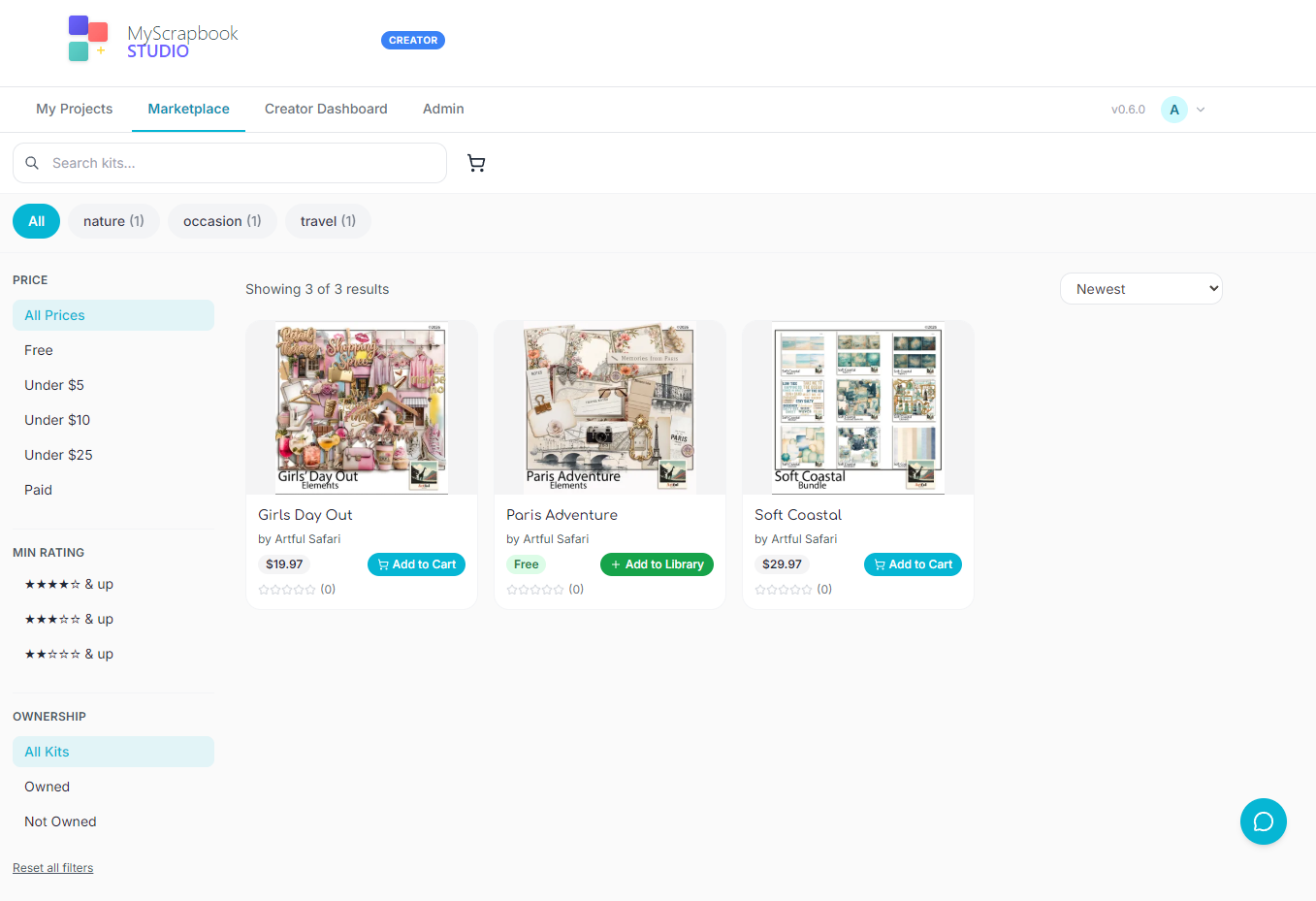 The MyScrapBook Studio Marketplace showing professionally designed scrapbook kits and templates